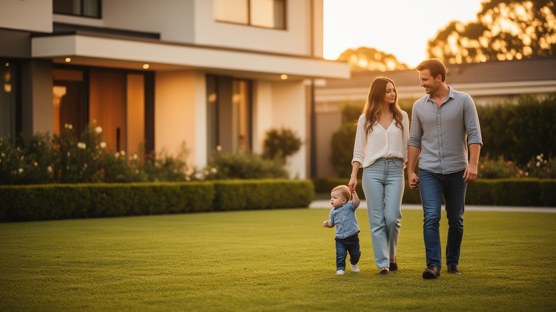 A young family walking together outside their modern suburban home at golden hour